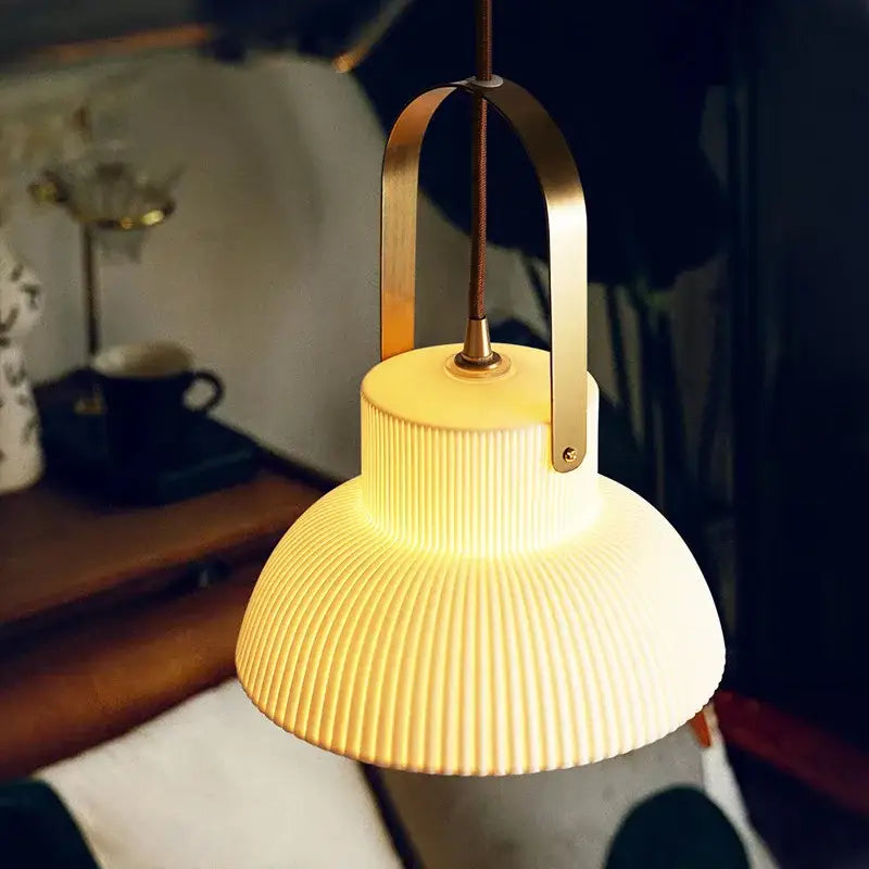 Ribbed cream ceramic led pendant light kitchen hanging lamp