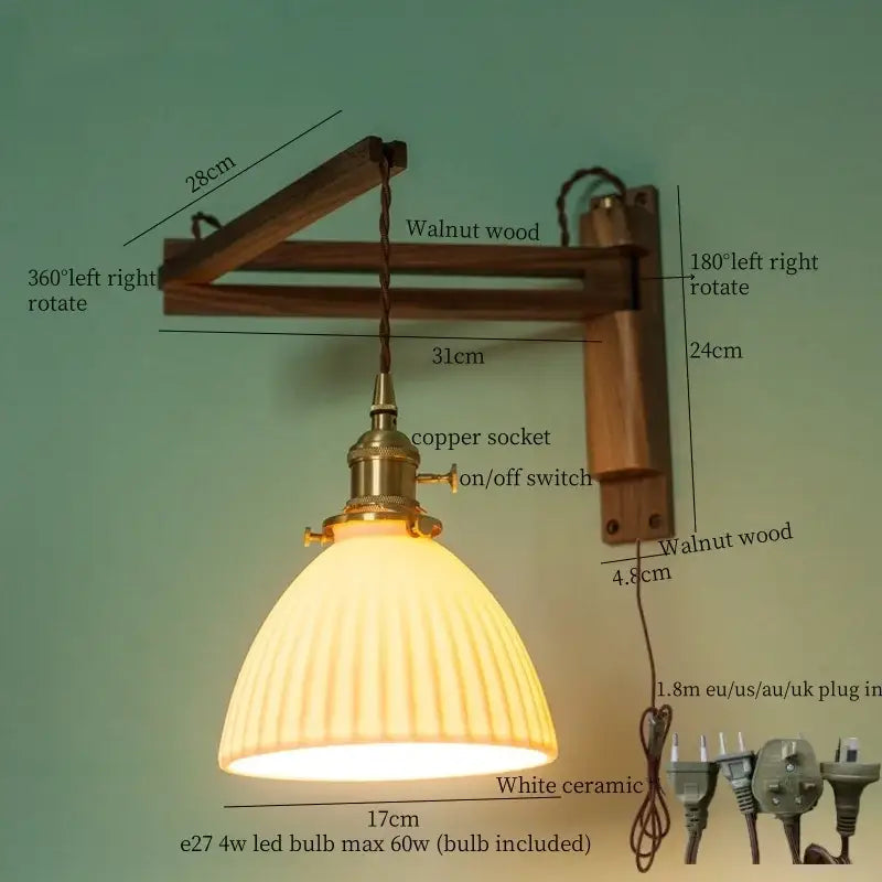 Ribbed glass and walnut wall sconce bedroom led light