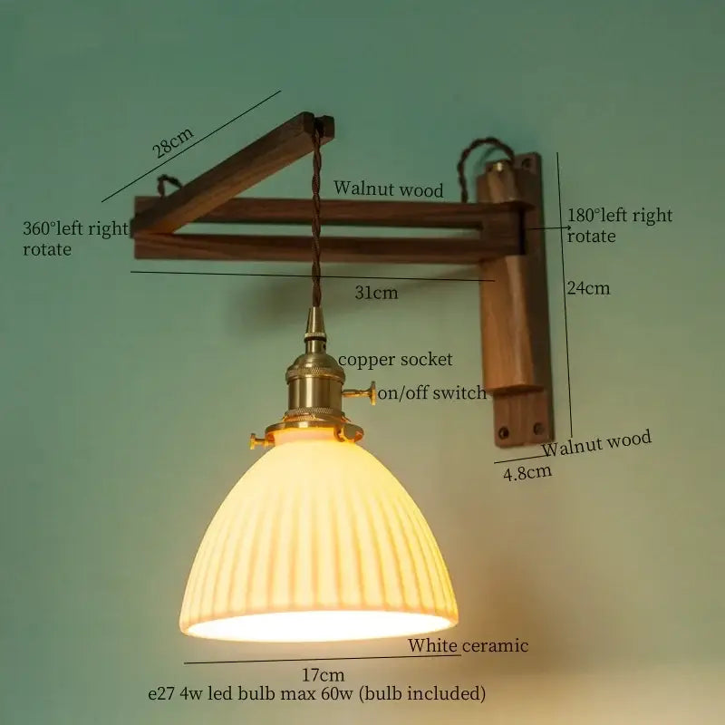Ribbed glass and walnut wall sconce bedroom led light