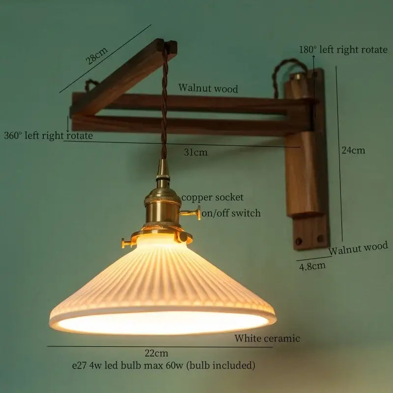 Ribbed glass and walnut wall sconce bedroom led light