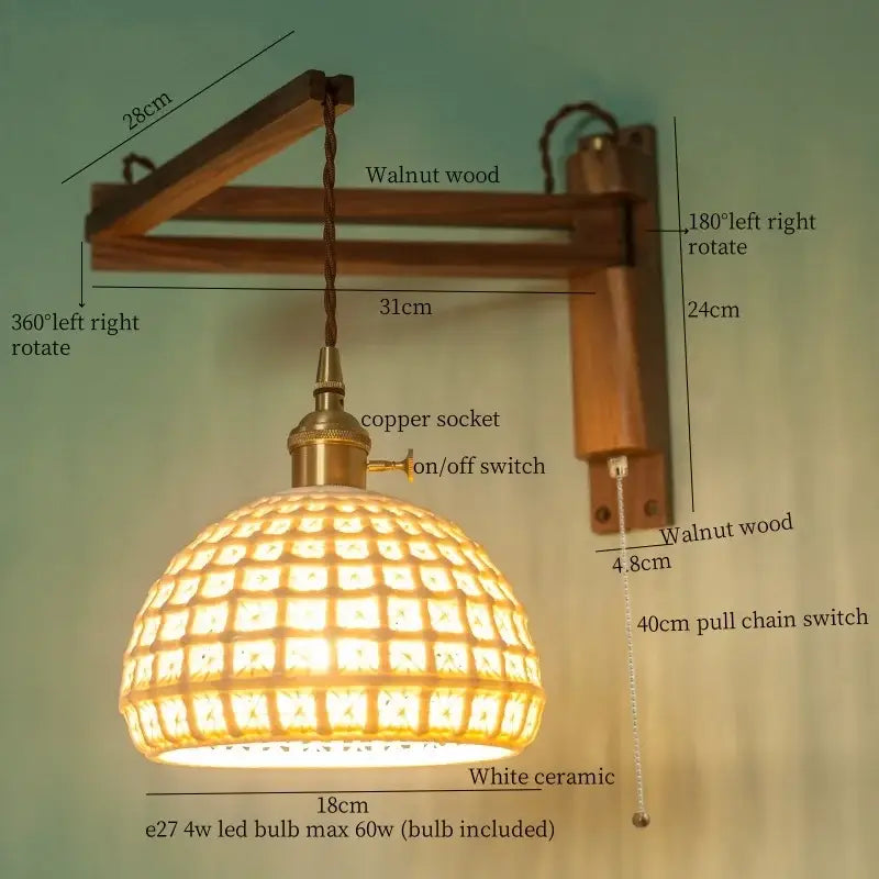 Ribbed glass and walnut wall sconce bedroom led light