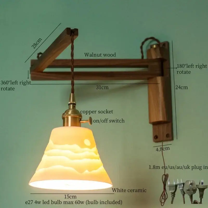 Ribbed glass and walnut wall sconce bedroom led light