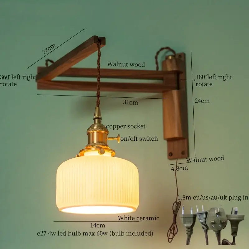 Ribbed glass and walnut wall sconce bedroom led light