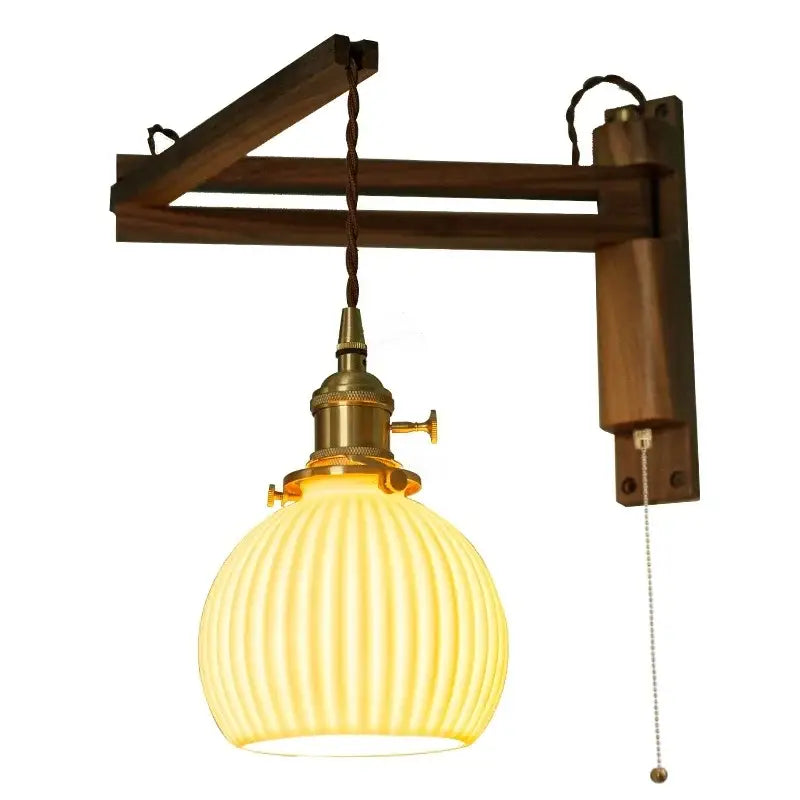 Ribbed glass and walnut wall sconce bedroom led light