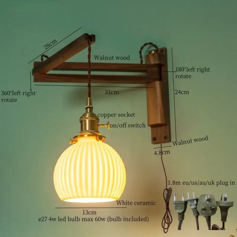 Ribbed glass and walnut wall sconce bedroom led light