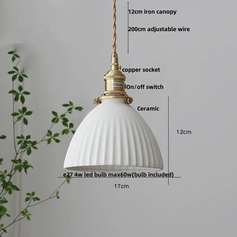 Ribbed white ceramic pendant light fixture kitchen brass knob switch