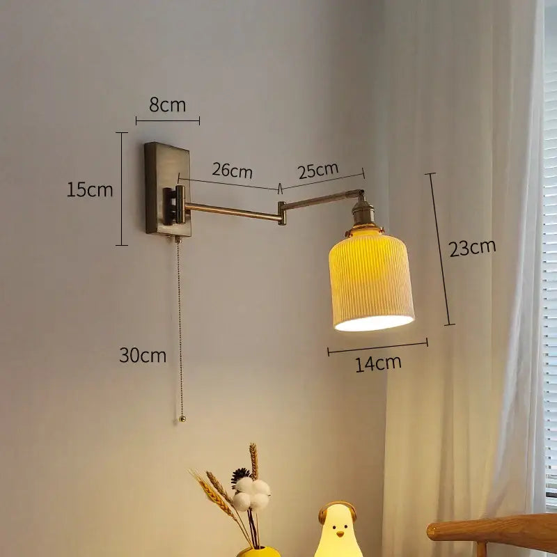 Ribbed yellow ceramic brass swing arm wall sconce bedroom light
