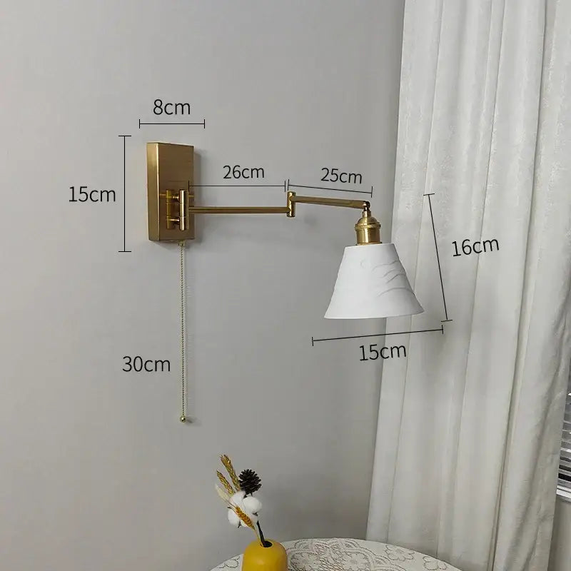 Ribbed yellow ceramic brass swing arm wall sconce bedroom light