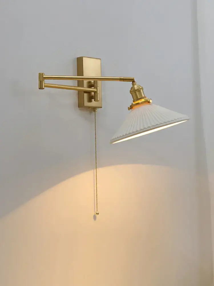 Ribbed yellow ceramic brass swing arm wall sconce bedroom light