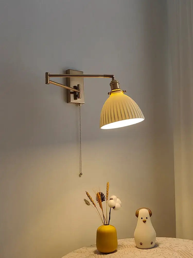 Ribbed yellow ceramic brass swing arm wall sconce bedroom light