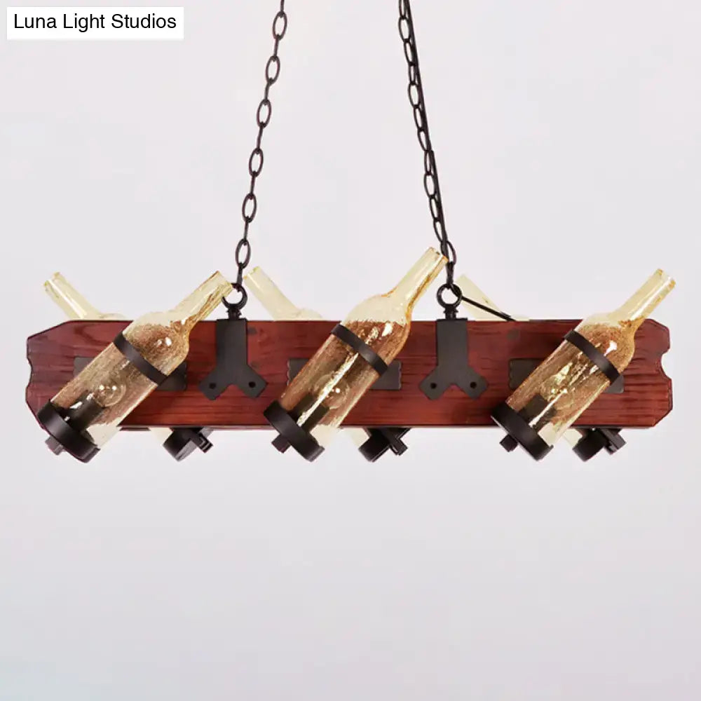 Rustic amber glass island lamp with brown wood arm dining room light