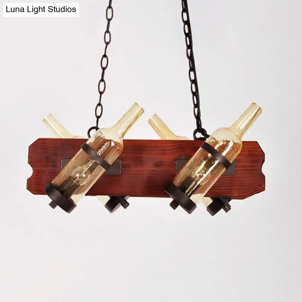 Rustic amber glass island lamp with brown wood arm dining room light