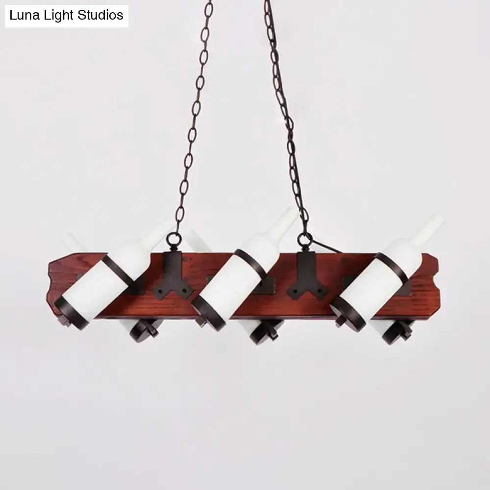 Rustic amber glass island lamp with brown wood arm dining room light