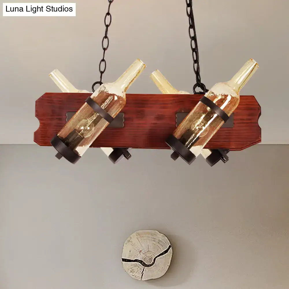 Rustic amber glass island lamp with brown wood arm dining room light