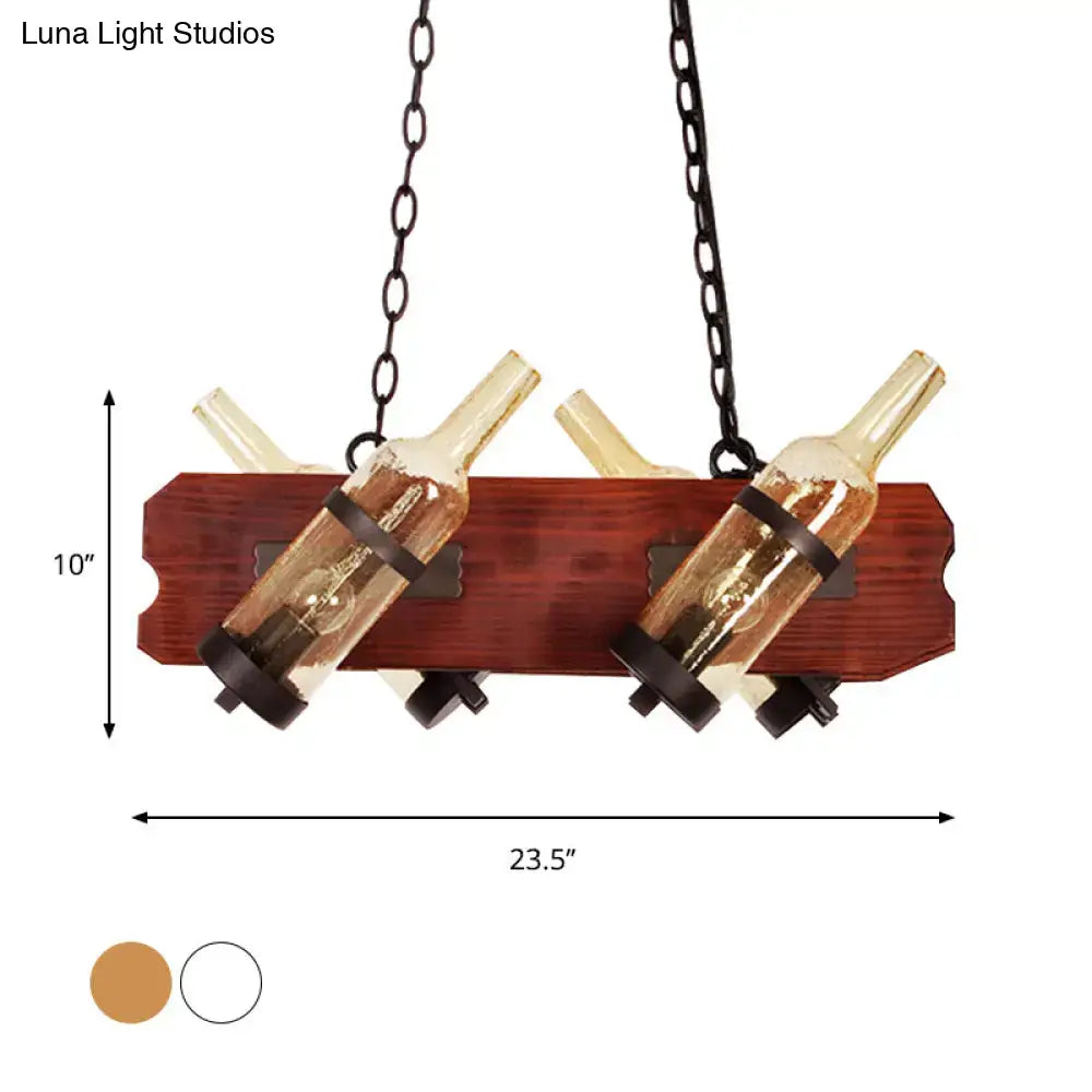 Rustic amber glass island lamp with brown wood arm dining room light