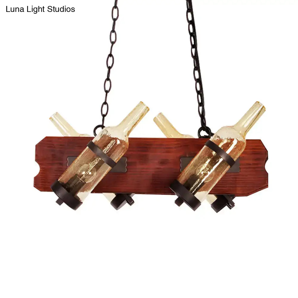 Rustic amber glass island lamp with brown wood arm dining room light