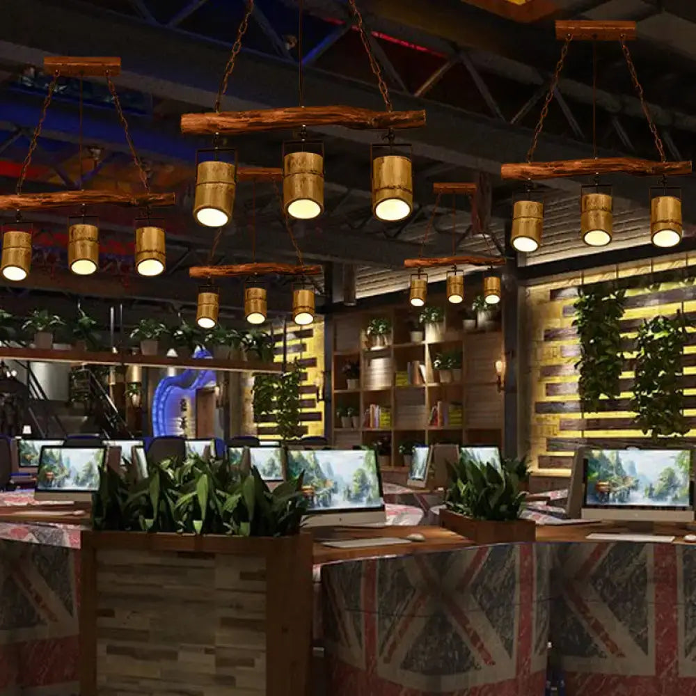 Rustic bamboo island lighting – kitchen wooden beam triple pendant