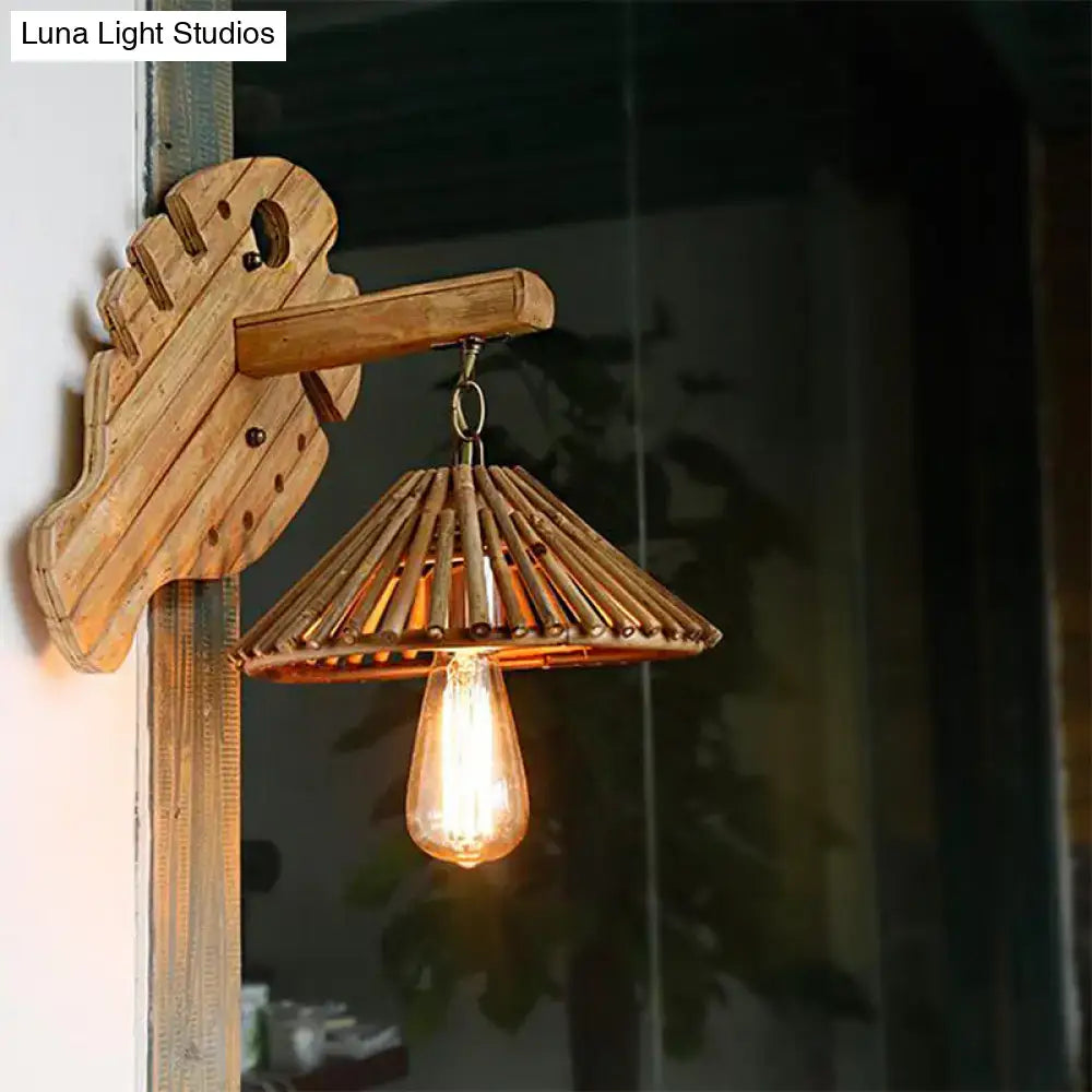 Rustic bamboo wall sconce with wood backplate – bedroom edison lamp