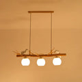 Decorbites™ modern cream glass wood pendant light fixture with dome island design and white bird deco accents on bamboo
