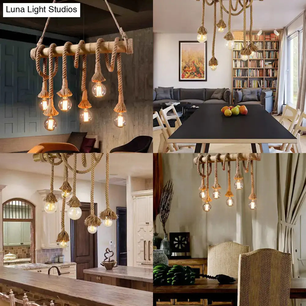 Rustic beige rope island light bamboo kitchen pendant