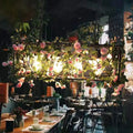 DecorBites™ black metal industrial four heads island lamp with pink roses and warm lights for restaurant use