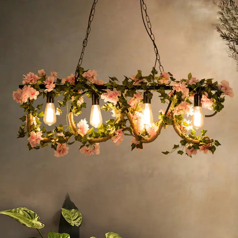 Rustic black linear island lamp with ivy – kitchen hanging light