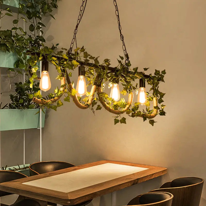 Rustic black linear island lamp with ivy – kitchen hanging light