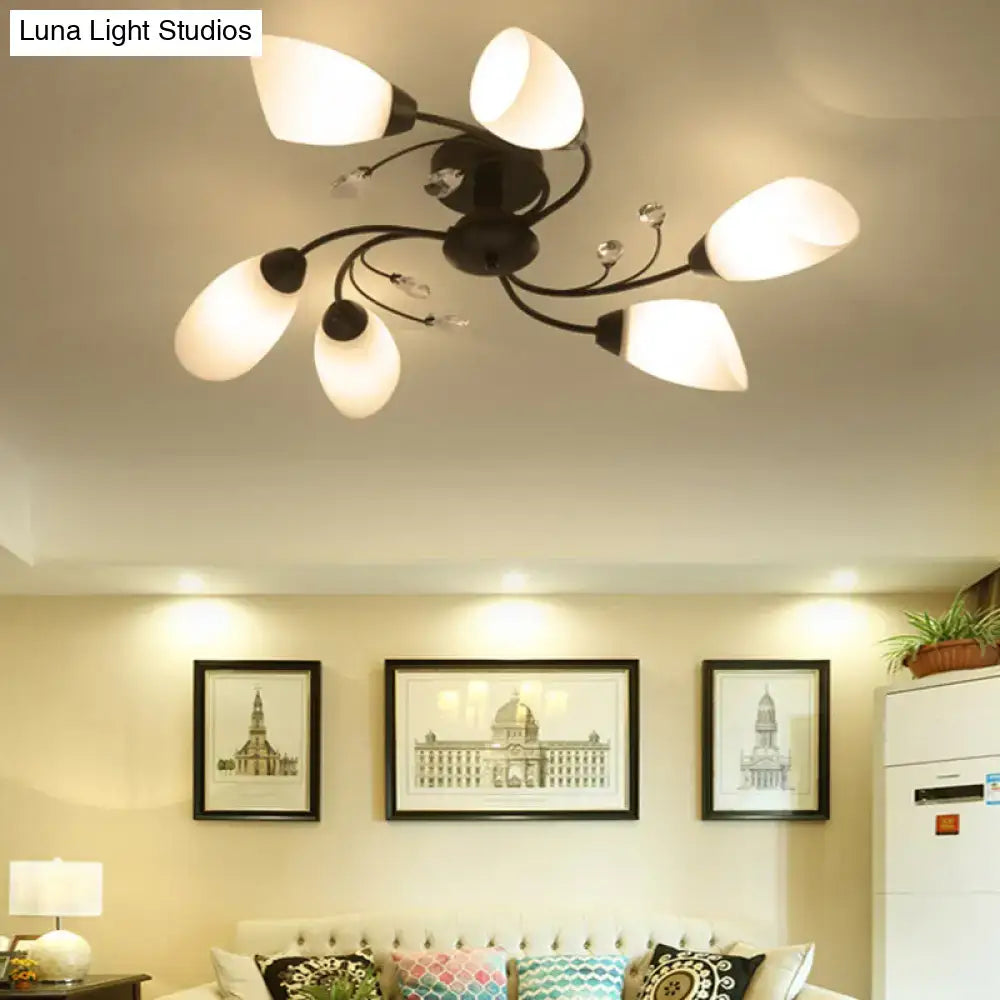Decorbites™ rustic black opal glass semi flush ceiling light fixture with five frosted shades and floral swirl design