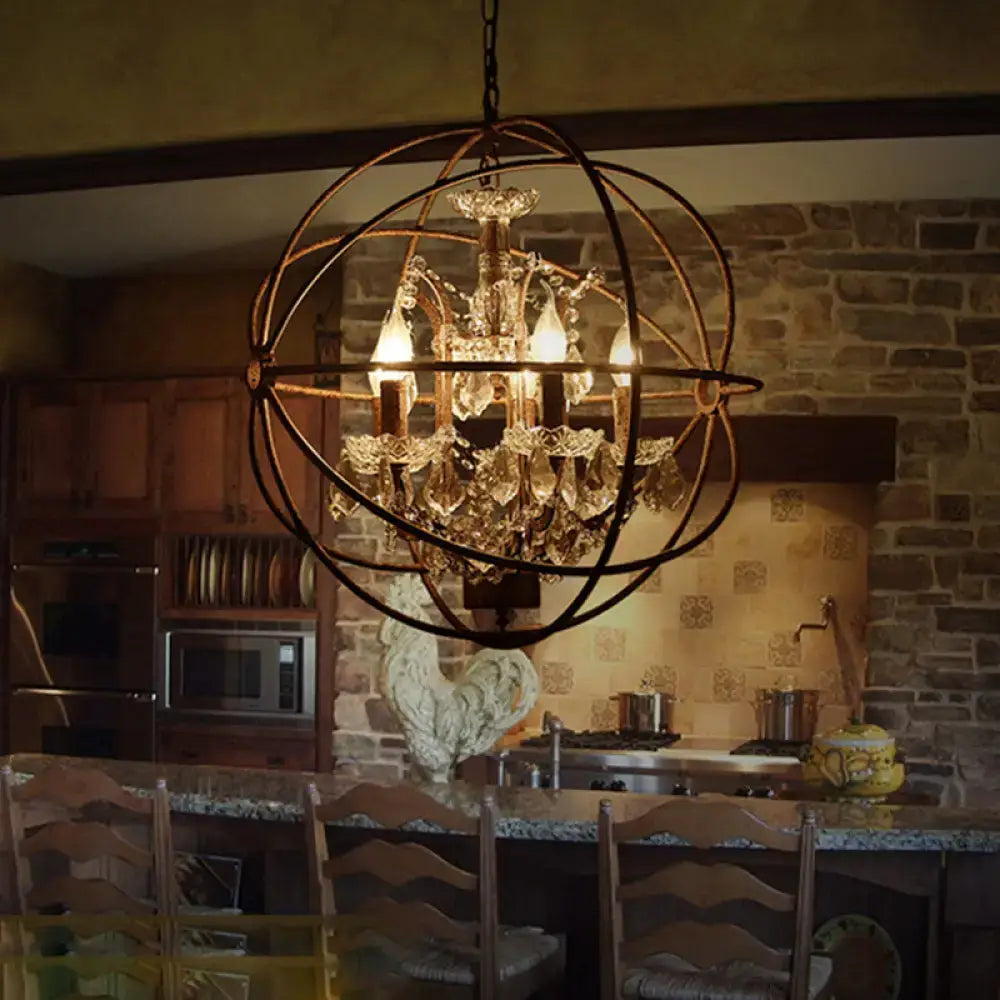 Rustic black wrought iron crystal deco chandelier dining room pendant