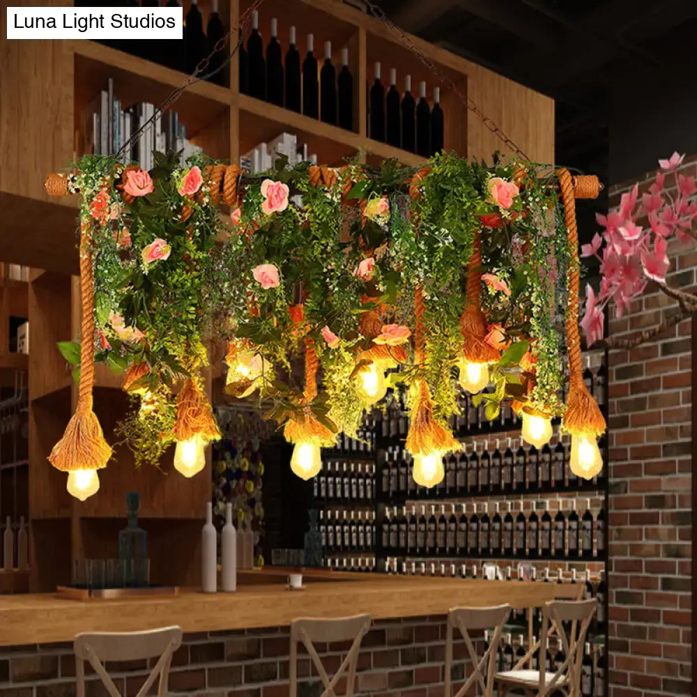 Rustic hemp rope island ceiling light with flowers for dining room