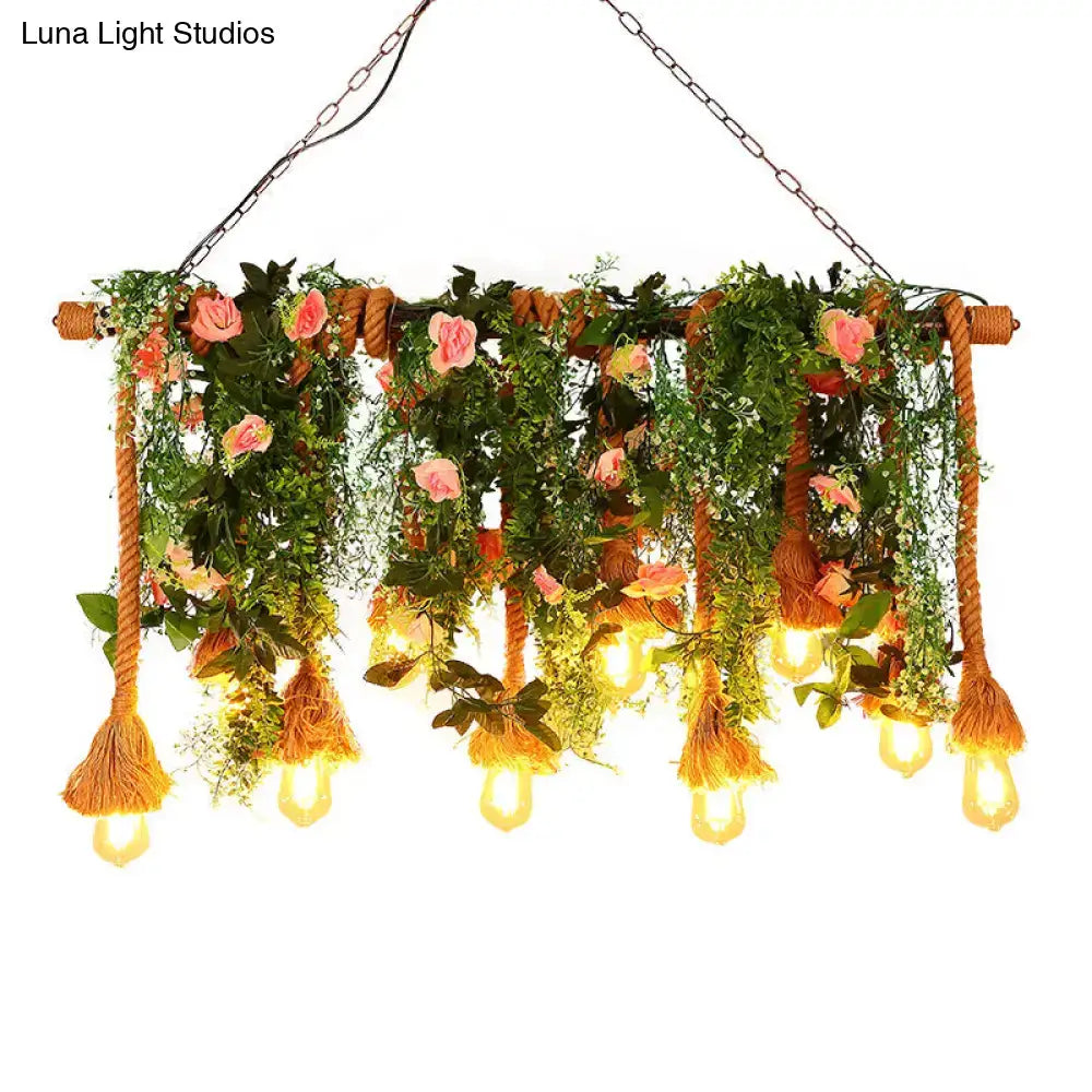 Rustic hemp rope island ceiling light with flowers for dining room