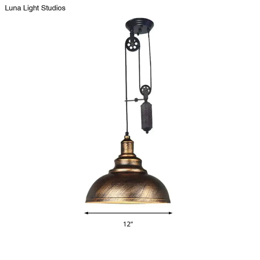 Decorbites rustic industrial dome pendant lamp with brass-finished shade and black metal pulley for living room lighting