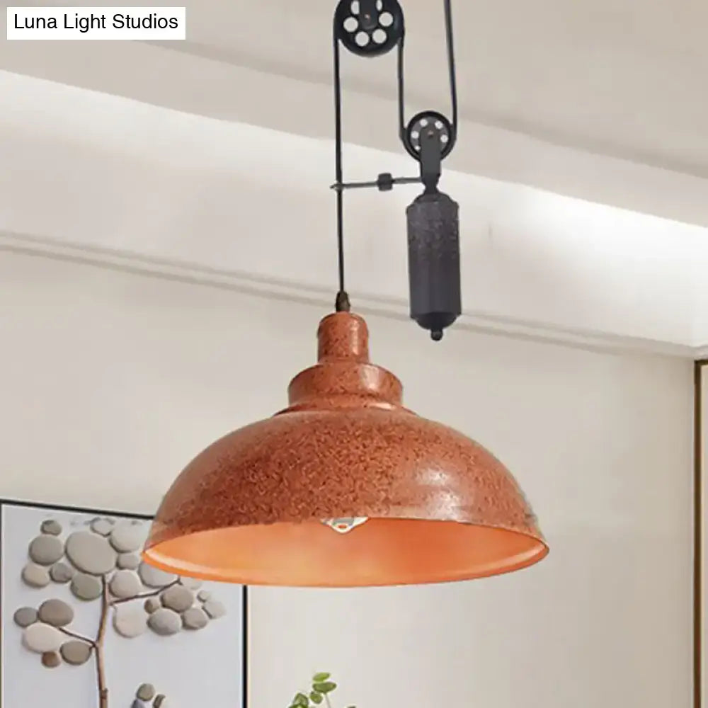 Rustic industrial dome pendant lamp in copper with black pulley and chain metal fixture for living room lighting