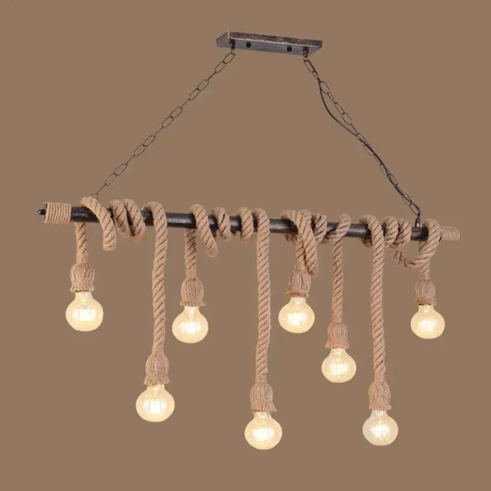 Rustic industrial wood hemp rope exposed bulb pendant light dining room