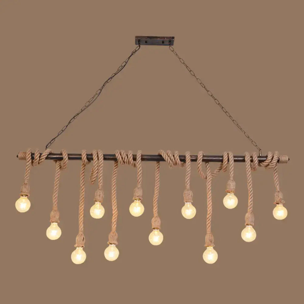 Rustic industrial wood hemp rope exposed bulb pendant light dining room