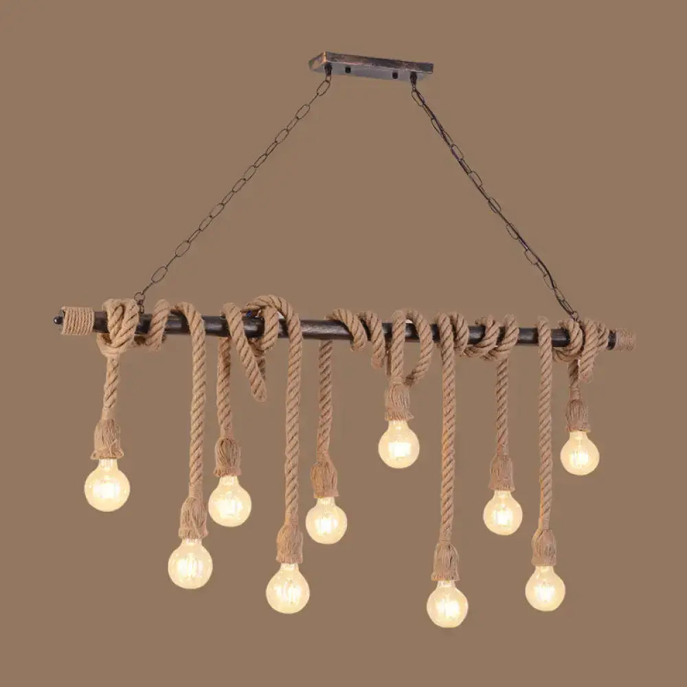 Rustic industrial wood hemp rope exposed bulb pendant light dining room