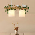 Rustic ivory glass wood island pendant – kitchen green leaf decor