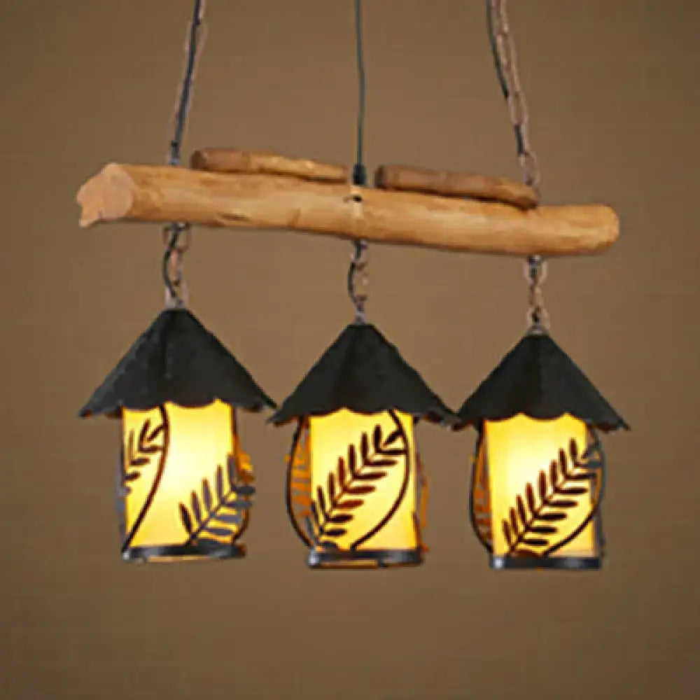 Rustic 3-head pendant lamp with wooden beam and black leaf-patterned lantern island lighting for 220v-240v and led bulbs