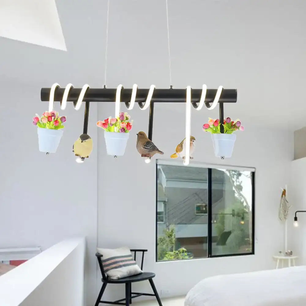 Rustic led island black metal bird and flower light dining room
