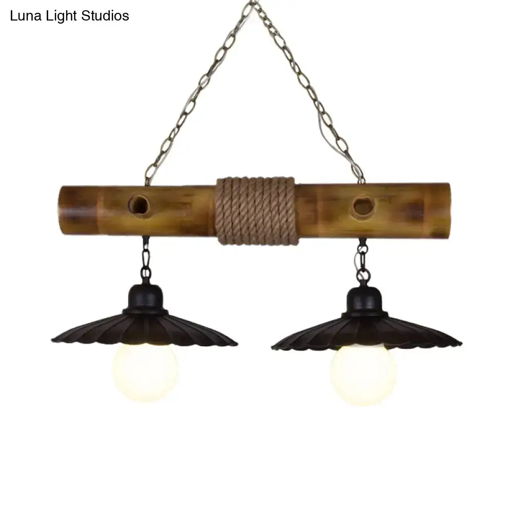 Rustic scalloped hanging lamp black & bamboo dining room light