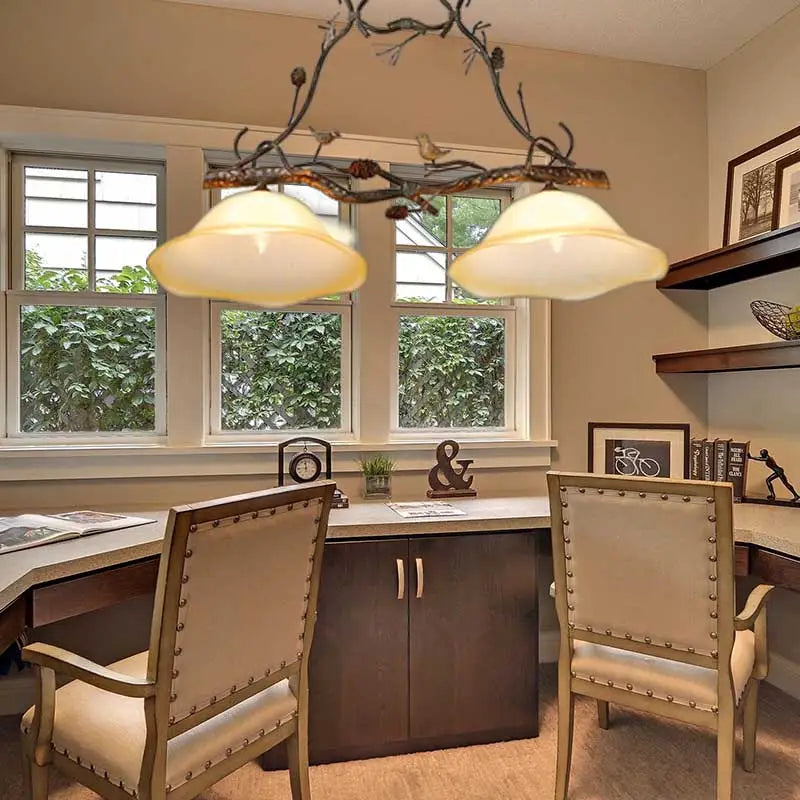 Rustic twig scalloped opal glass ceiling light – bedroom bird pendant