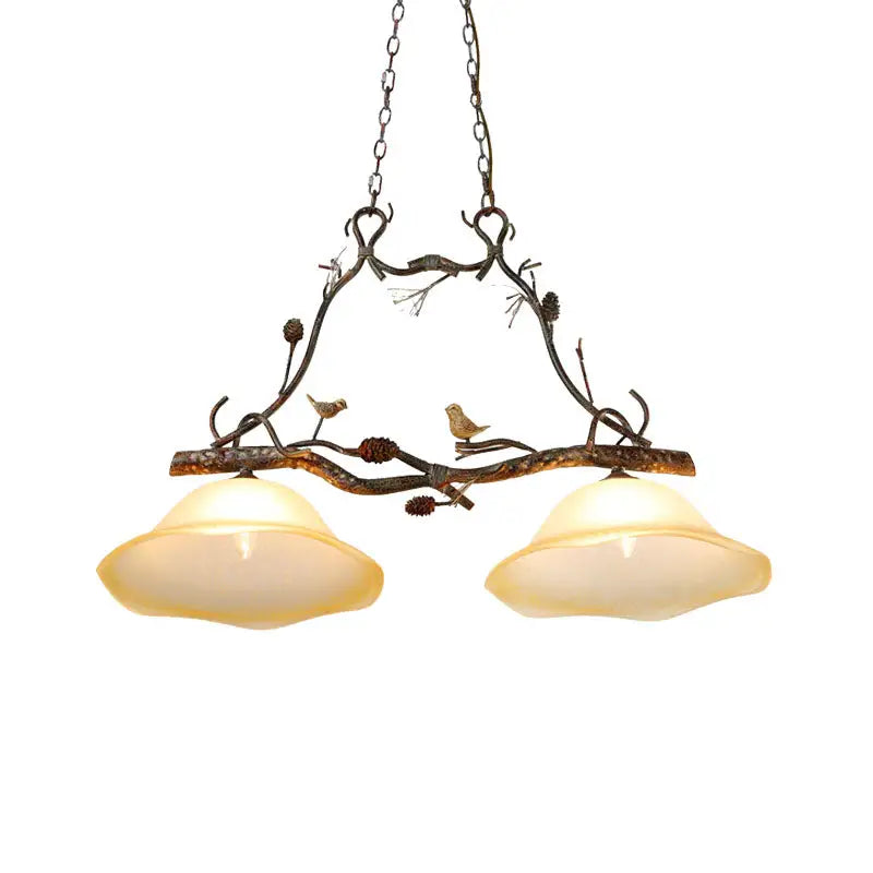 Rustic twig scalloped opal glass ceiling light – bedroom bird pendant