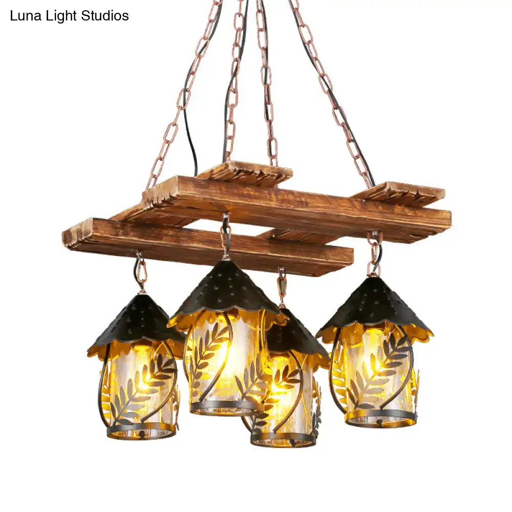 Rustic white fabric clear glass wooden chandelier dining room light