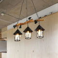 Rustic wooden branch chandelier with three black wrought iron lanterns e26 e27 light fixture for ceiling use