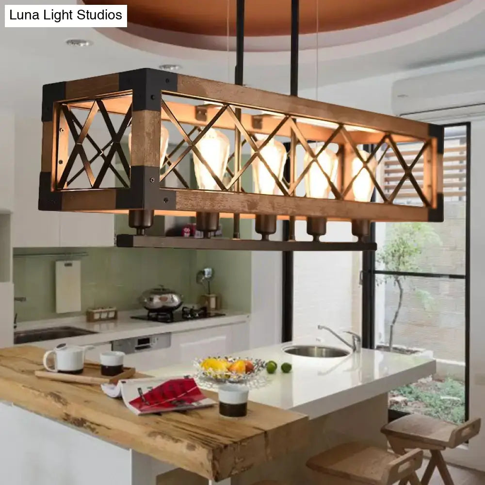 Rustic wood and black metal rectangle pendant light dining room