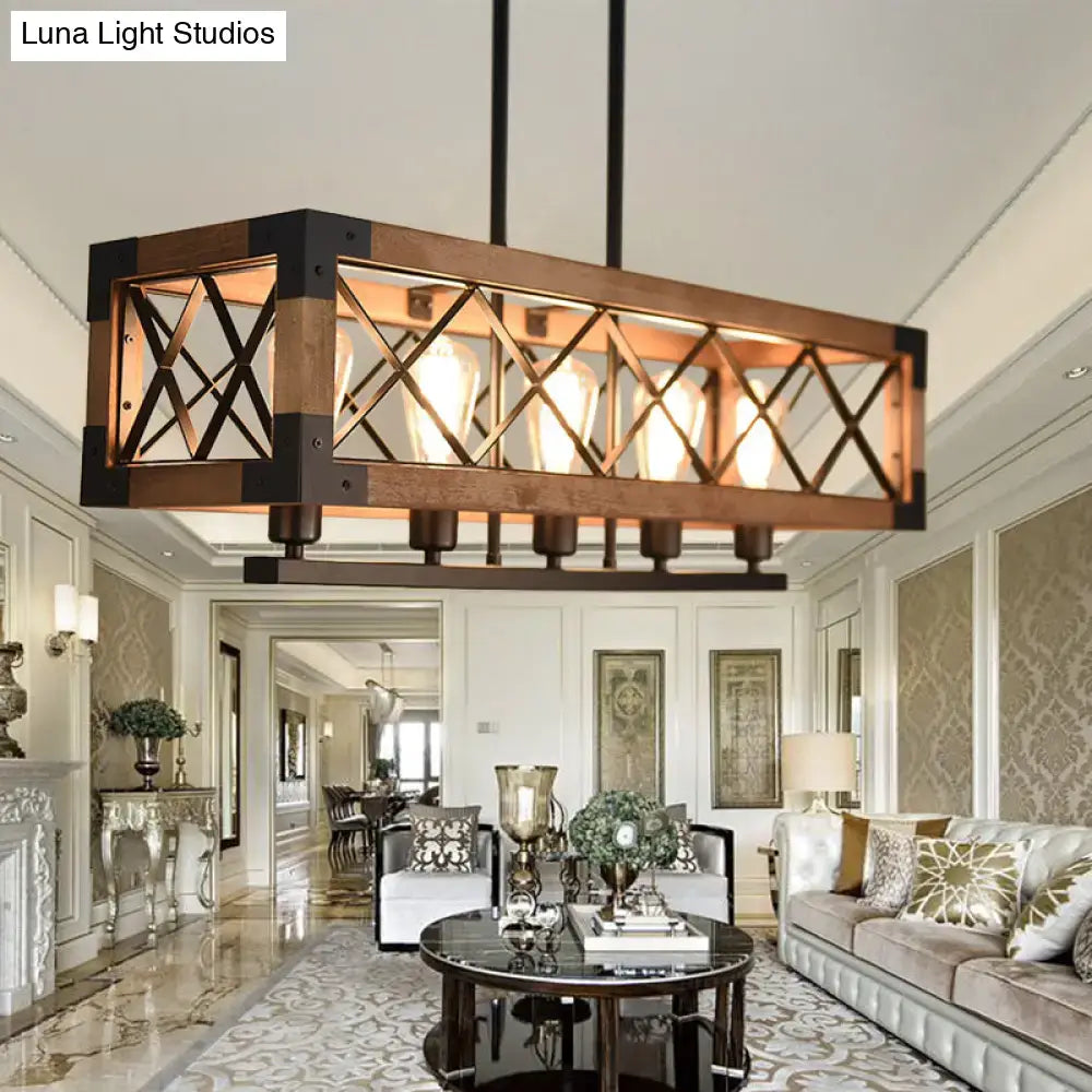 Rustic wood and black metal rectangle pendant light dining room