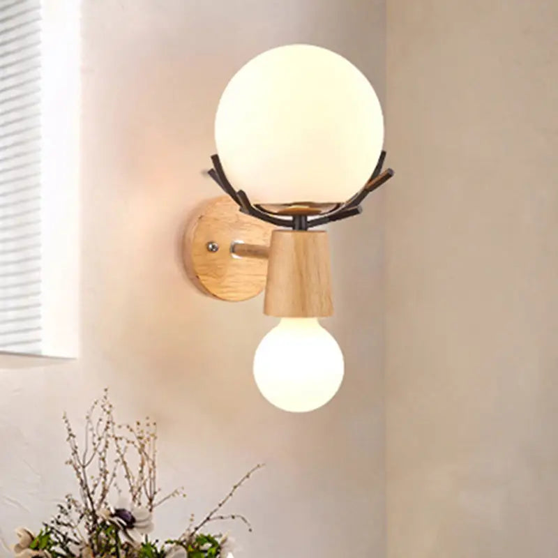 Rustic wood and white globe sconce wall lamp for stairways