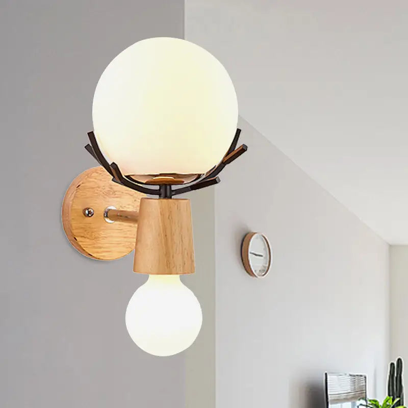 Rustic wood and white globe sconce wall lamp for stairways