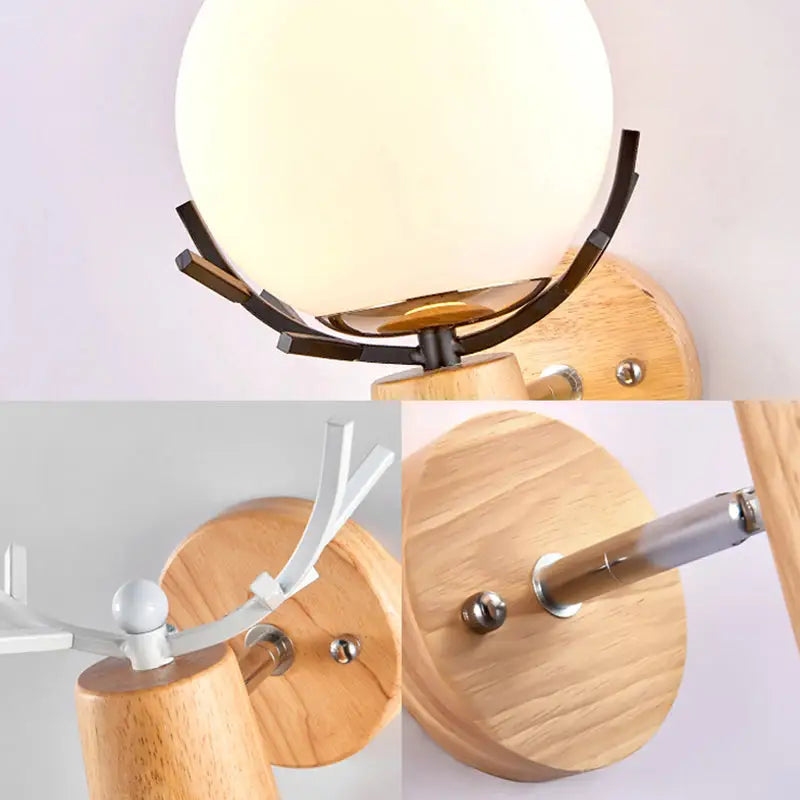 Rustic wood and white globe sconce wall lamp for stairways