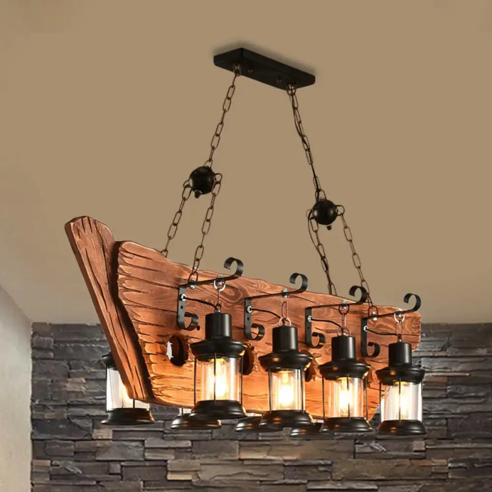 Rustic wood boat chandelier with industrial black lantern dining room
